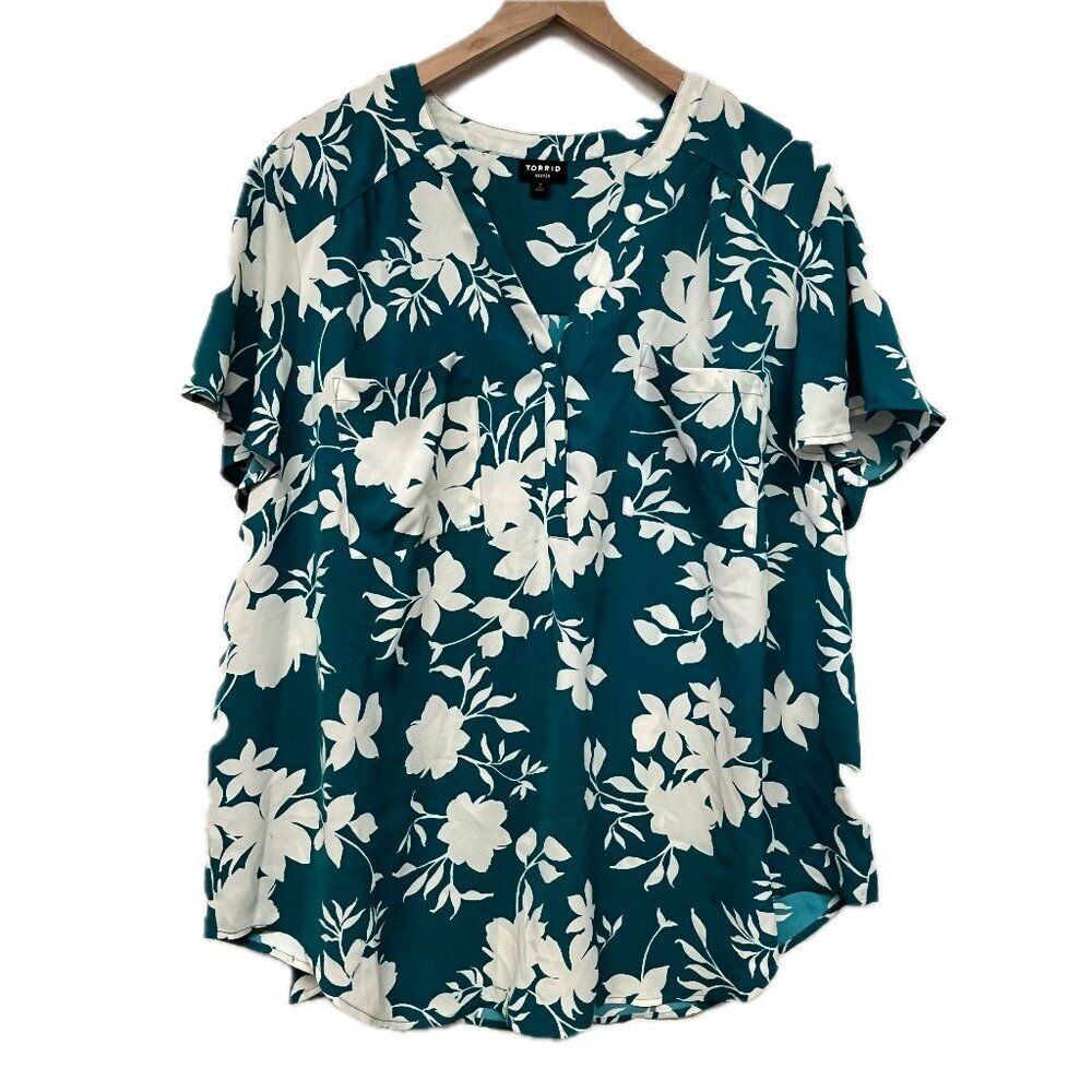 Torrid Teal Blue Green Floral Blouse - Size 2X